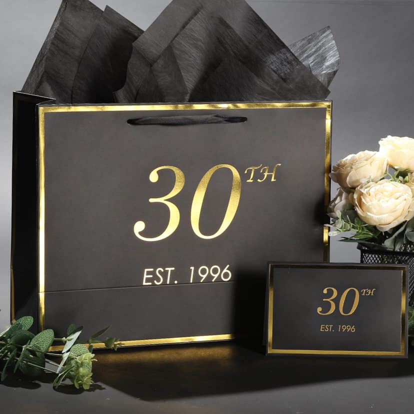 30th Birthday Gift Bag with Card and Tissue Paper for Men Women Him, 1996 30 Year Old 13" Elegant Black Gold Anniversary Keepsake Party Present Shopping Paper Bags for Gifts Wrapping (1996 30th) B0DLX3WCH7