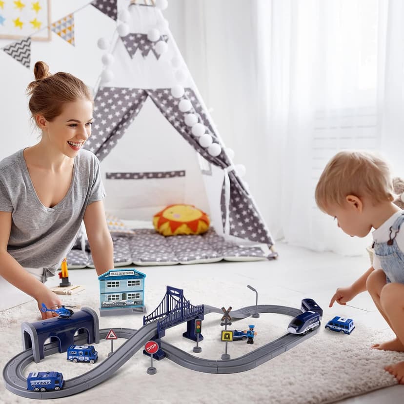 Train Sets for Toddlers, 66 Pcs Trains Toy with Battery Operated & Tracks (Magnetic Connection), Compatible with Thomas, Brio, Christmas Toy Gifts for 3 4 5 6 7 8 Years Old (Police)