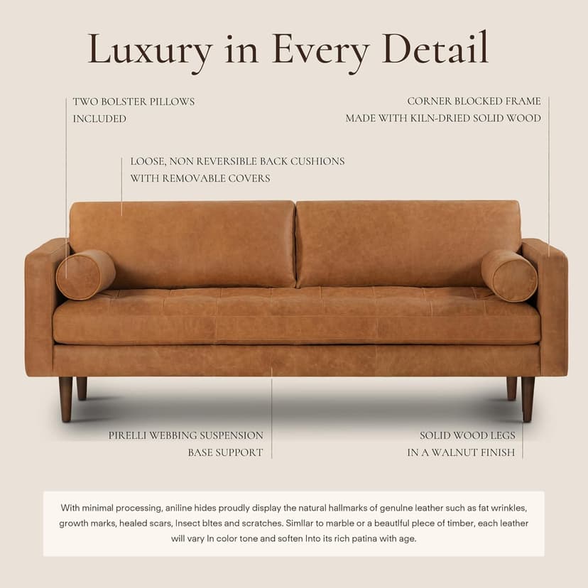 POLY & BARK Napa 88.5" Leather Sofa – Full-Grain Italian-Tanned Aniline Leather, Feather-Down Comfort, Solid Wood Frame, Walnut Legs, Cognac Tan