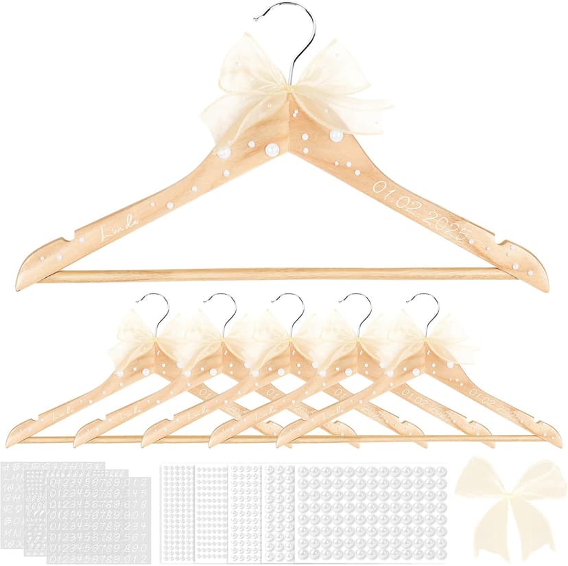 5 Pcs Wedding Bridesmaid Hanger Personalized Name Hanger Natural Wood Hangers with Ribbon Bows Pearls Stickers Transfer Sticker Gifts for Bridal Shower Party Favors DIY Crafts Supplies