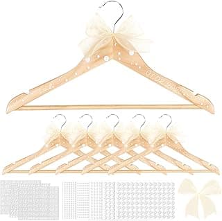 5 Pcs Wedding Bridesmaid Hanger Personalized Name Hanger Natural Wood Hangers with Ribbon Bows Pearls Stickers Transfer Sticker Gifts for Bridal Shower Party Favors DIY Crafts Supplies