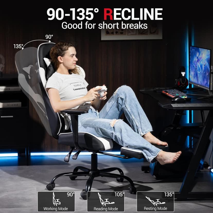 Gaming Chair with Footrest, Ergonomic PC Desk Chair with Headrest and Massage Lumbar Support, Video Game Chair with Height Adjustable High Back for Home Office, PU Leather, White