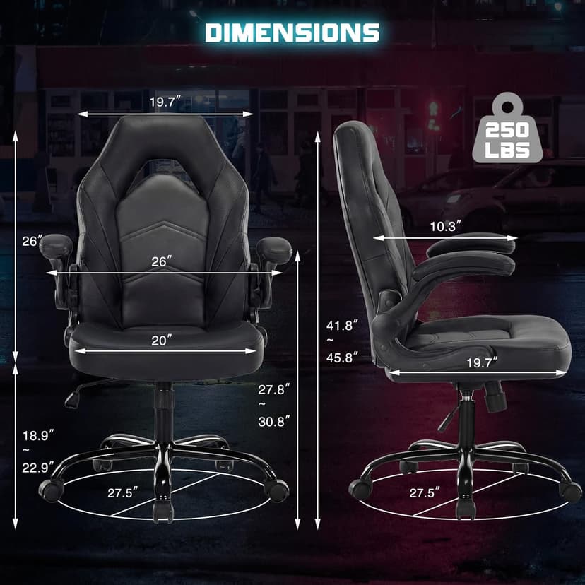 Sweetcrispy Computer Gaming Desk Chair - Big Tall Ergonomic Lumbar Support with Flip-up Armrest and 360° Swivel Wheels, PU Leather Height Adjustable, for Home and Office, Black