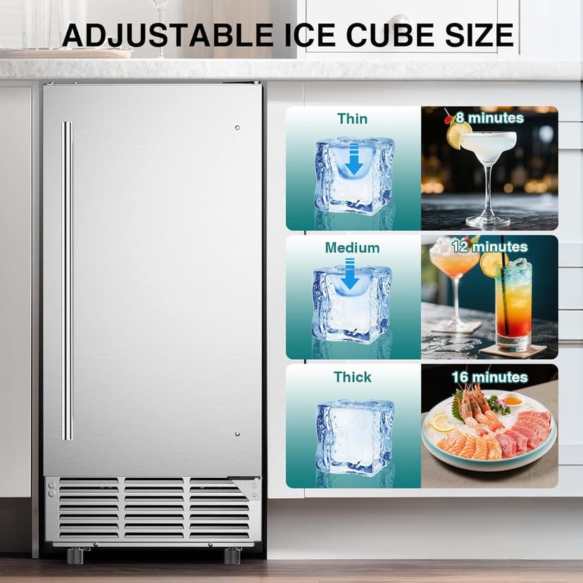 Mojgar ETL Approval Commercial Under Counter Ice Maker 100 Lbs/Day with 30 LBS Bin, 15" W Freestanding Built-in Ice Maker, Undercounter Ice Machine with Self Cleaning for Home/Bar/Restaurant，Silver