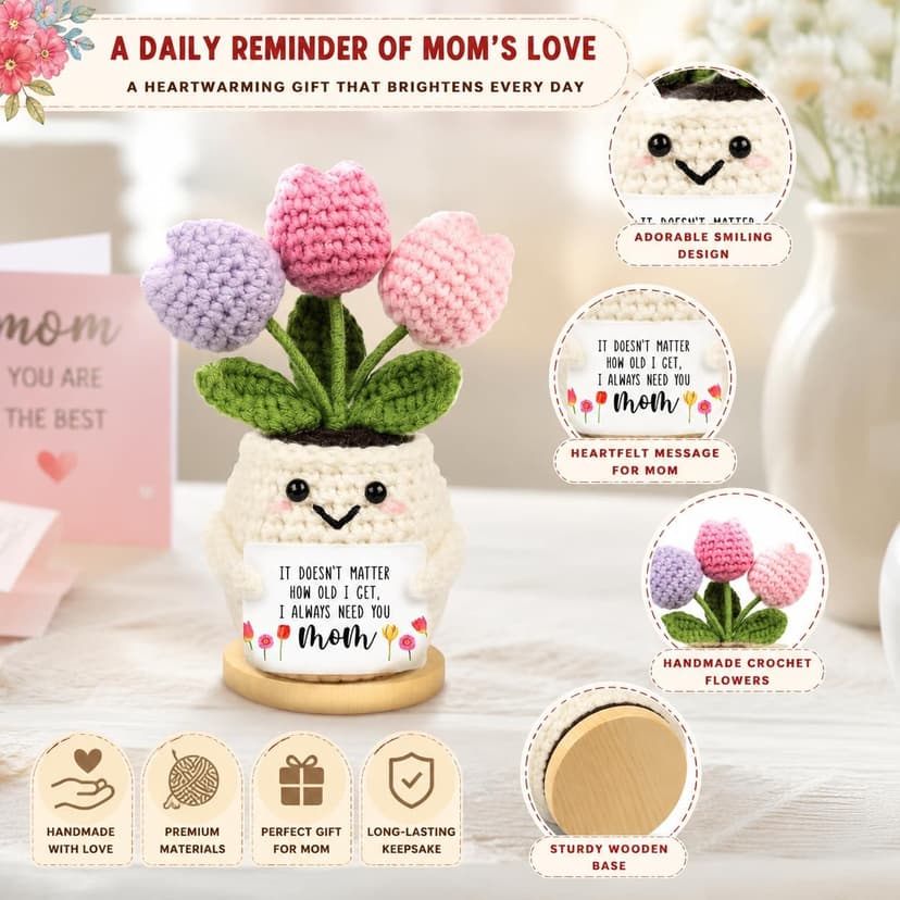 Handmade Positive Tulip Flower Crochet Teacher Appreciation Gifts-Delicate Crochet Flowers Doll, Inspirational Gift Knitted Potted Flowers Desk Decor, Thank You for Women, End of Year Teacher Gifts B0H2WDH3M5