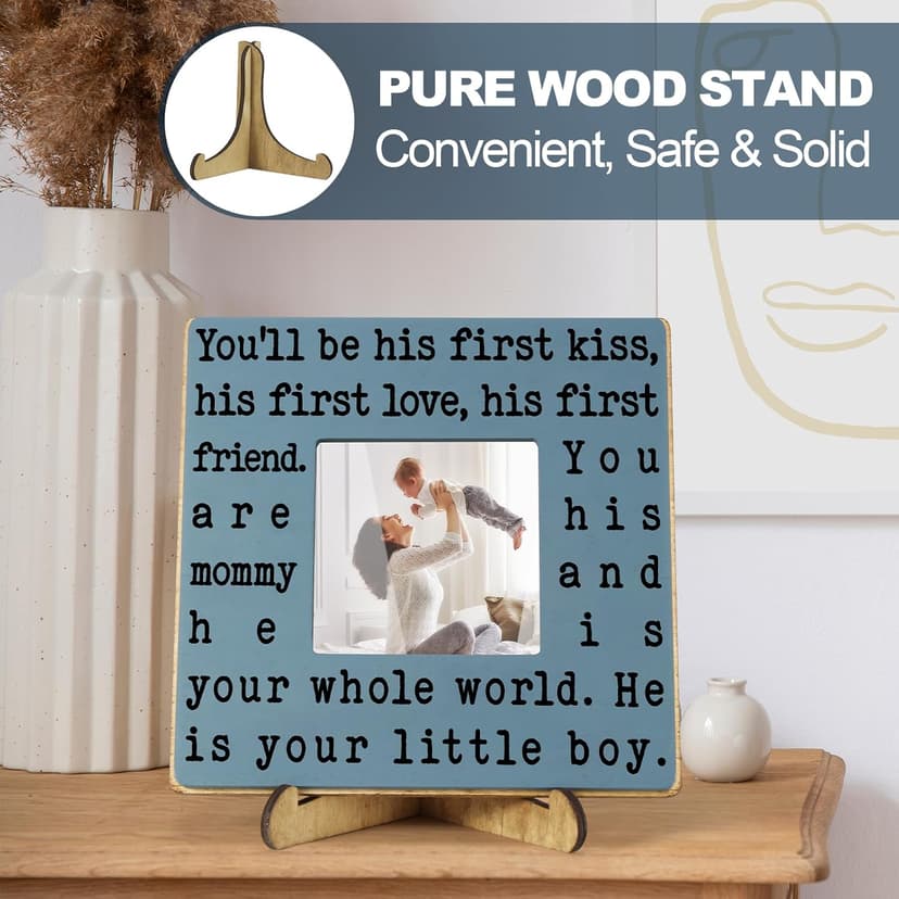 New Mom Gifts for Women, Mothers Day Gifts from Son | Boy Mom Picture Frame, Sentimental Birthday Gift for Mom | Fits 4x4 Photo, Rustic Farmhouse Home & Desk Decor