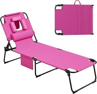 400lbs Tanning Chair, 5-Fold Beach Lounge Chair with Face Hole & 2 Side Pockets, Non-Slip Foot & Portable Handle, Beach Chaise Lounge for Patio/Pool/Lawn(1, Pink)