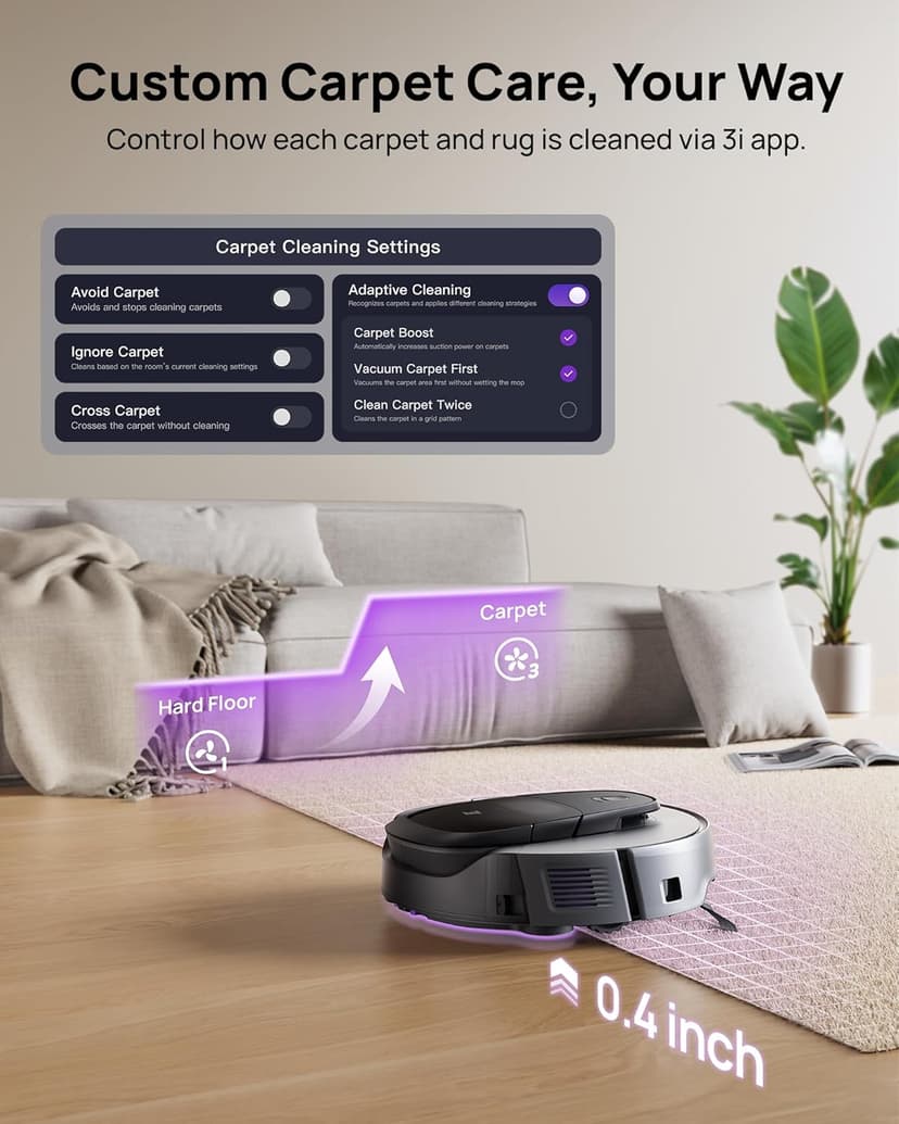 3i G10+ Robot Vacuum and Mop Combo, 18,000 Pa Suction, 60-Day Hands-Free Cleaning with Quiet Debris Compression, Smart LiDAR Navigation, Auto Extension Along Edges, Ideal for Hard Floors & Carpets