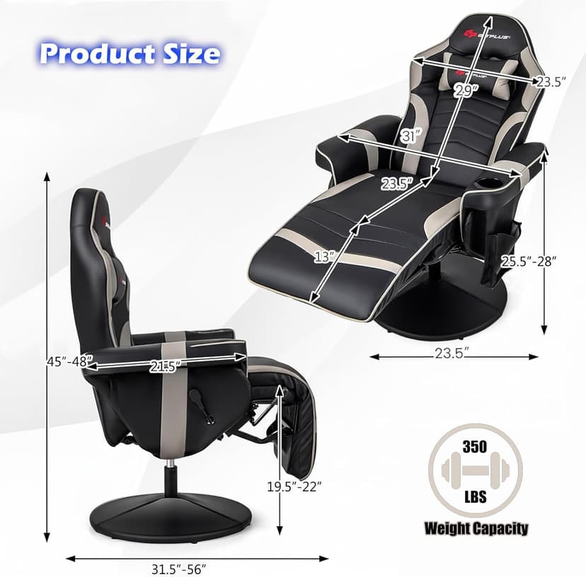 POWERSTONE Gaming Recliner, Adjustable Massage Gaming Chair with Cup Holder Footrest Ergonomic Single Sofa Living Room Home Theater Seating with Side Pouch (Grey)