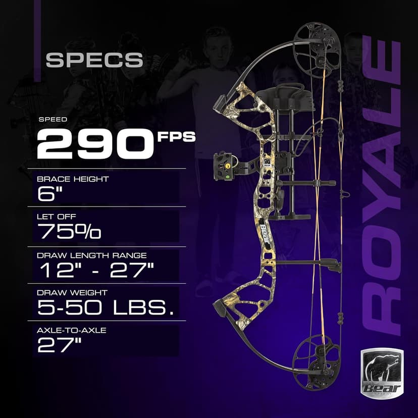 Bear Archery Royale Ready to Hunt Compound Bow Archery Set with Archery Accessories for Adults and Youths, 12”- 27” Draw Length, 5-50 Lbs Draw Weight, Up to 290 FPS