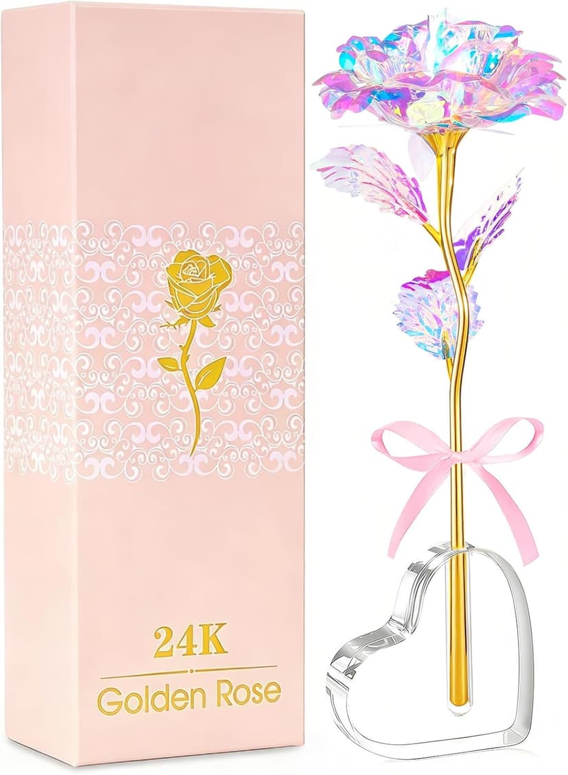 Beferr Gifts for Women Mom Galaxy Rose Glass Crystal Flowers with Heart-Shaped Base Eternal Roses Forever Flowers Mother's Birthday Gifts for Grandma Daughters Wife Sister Kids