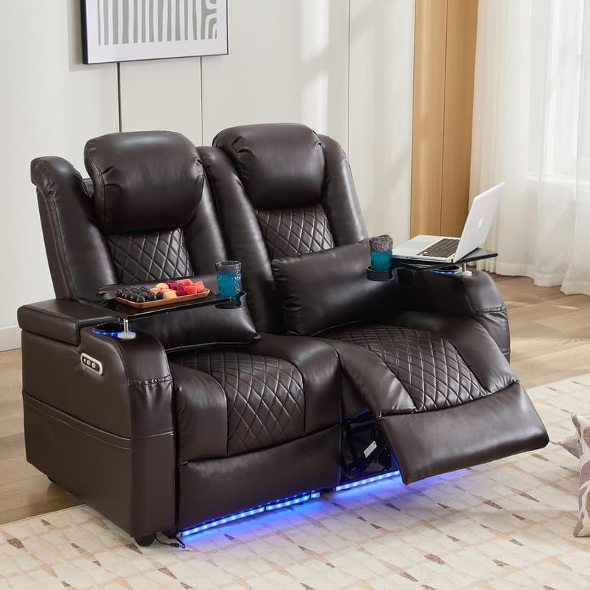 Airadlis Home Theater Seating Seats Dual Power Movie Theater Chairs Theater Recliner Sofa with 7 Colors Ambient Lighting, Lumbar Pillow, Side Pocket, Tray Table,Type-C USB Charge