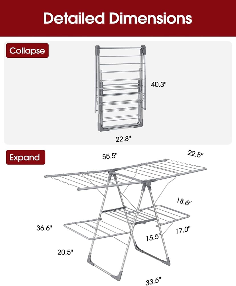 Sakugi Clothes Drying Rack, Foldable 2-Level Laundry Drying Rack with Height-Adjustable Wings, for Clothing & Bedding, Free-Standing Space-Saving Rack, Indoor & Outdoor, 55.5" L × 22.8" W, Gray
