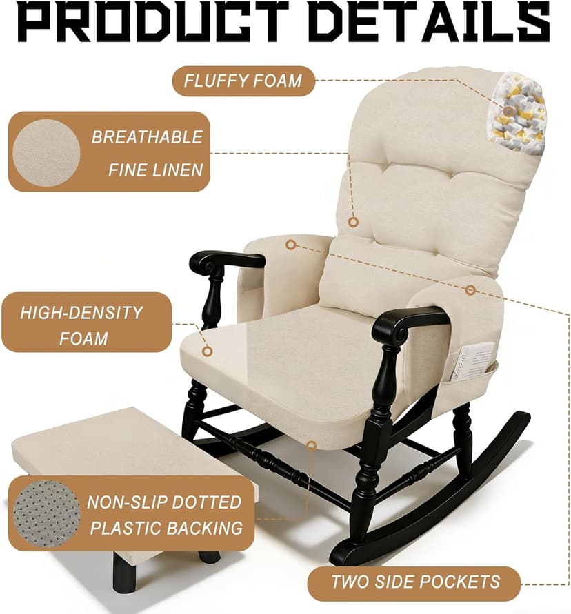 Glider Rocker Replacement Cushion Set with Storage Pockets Breathable Fine Linen Fabric & High-Resilience Foam Non-Slip Back Rocking Chair Cushion for Living Room Rocking Chair(Beige)