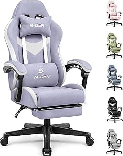N-GEN GAMING Video Gaming Chair Office Computer Desk Use Ergonomic Reclining Backrest Adjustable Armrests Lumbar Support Footrest High Density Foam Breathable Fabric Heavy Duty Base (Purple)