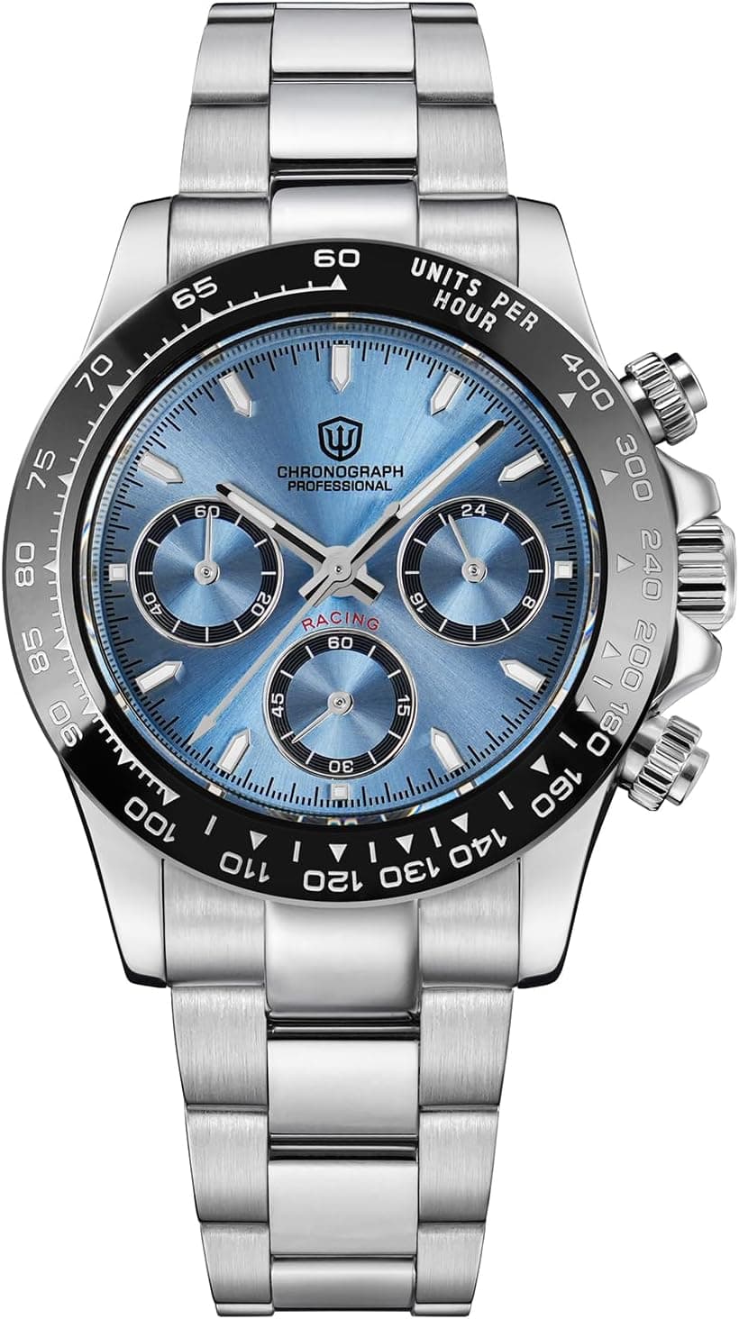 watchdives Chronograph Watch, WD16500 V2 Quartz Men Watches Japan VK63 Meca-Quartz Movement 38mm Sapphire Crystal Wristwatch 100M Waterproof Sport Watch, Stainless Steel Bracelet