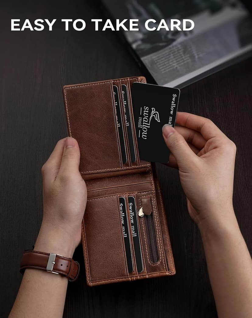 Swallowmall Leather Wallet for Mens Genuine Leather RFID Blocking Bifold Wallets with 1 ID Window 15 Card Slots