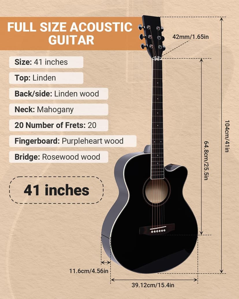 41" Acoustic Guitar for Beginners Adult Full Size Cutaway Guitarra Acustica Bundle with Gig Bag, Tuner, Strap, Strings, Picks,Capo, Black