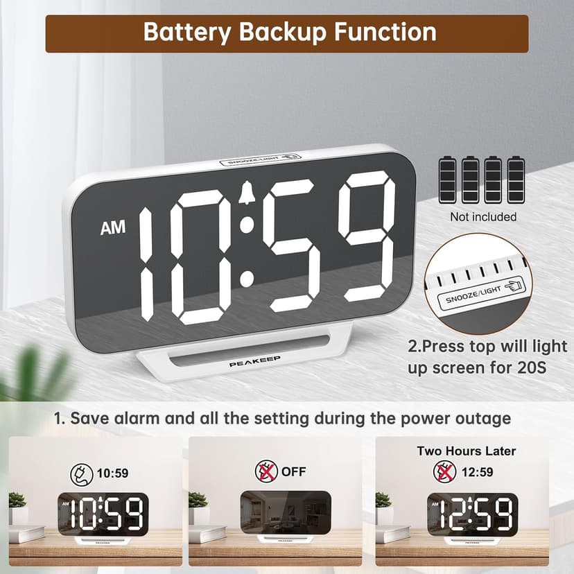 Peakeep Slim Digital Mirror Aesthetic Alarm Clock for Bedrooms Desk Decor, Plug in Electric Big LED Modern Small Clock for Office Living Room, Battery Backup, 6 Dimmers (White)