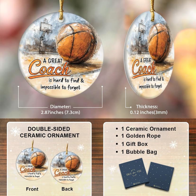 Basketball Coach Appreciation Gifts 2025 - Basketball Coach Christmas Ornament, Ceramic Sports Ornaments for Christmas Tree, Thank You Gifts for Mentor from Basketballs Athletes Team