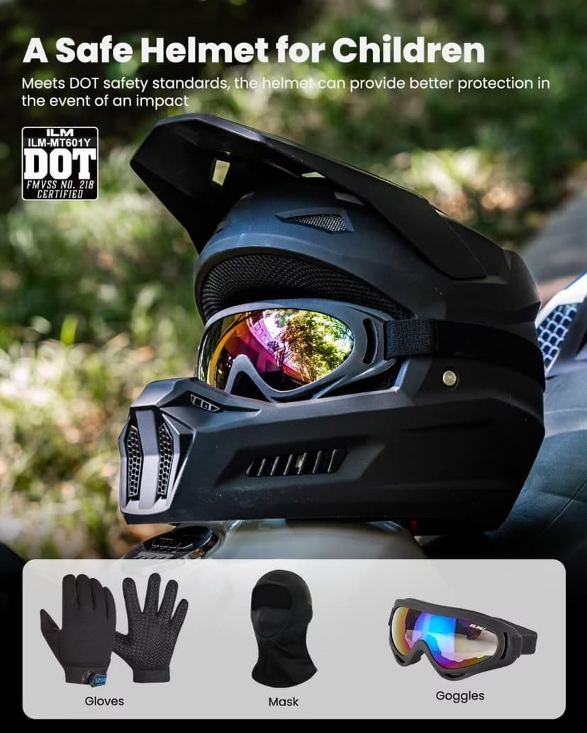 ILM Youth Dirt Bike Helmets Kids ATV Helmet Motorcross BMX Off Road Motorbike with Goggles Gloves Mask DOT Model MT601Y (Matte Black, Youth-XLarge)