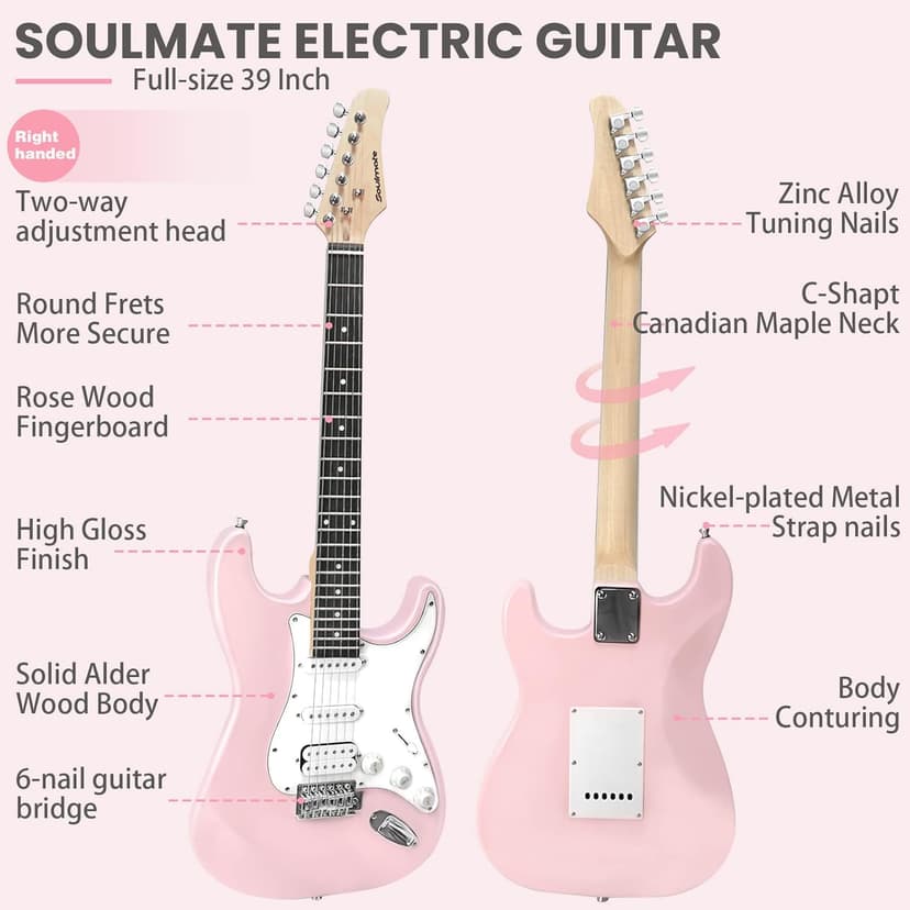 Soulmate 39 Inch Full Size Electric Guitar Starter Kit for Beginners Solid Body, HSS Pickups with 15W Amp, Gig Bag, Capo, Strap, Strings, Cable, Picks (Right-Handed,Pink)