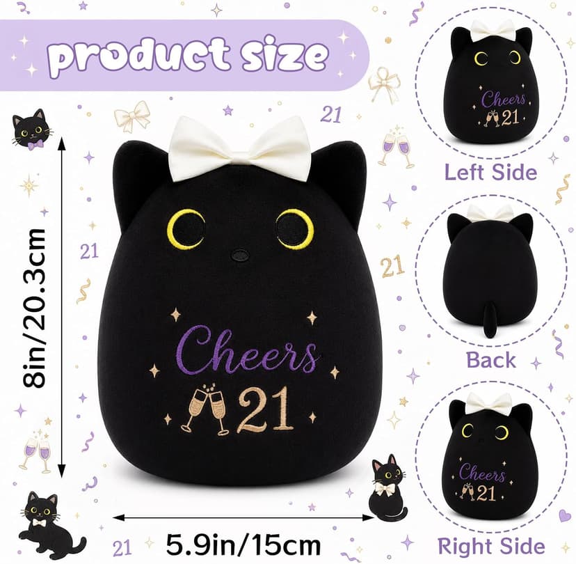 8inch Cat Stuffed Anmals with Cheers 21, Soft Plush Cute 21 Year Old Birthday Gifts for Girls Women 21st Birthday Black Cat Plush, 21st Birthday Gifts for Girls Her B0H2GV3YWL