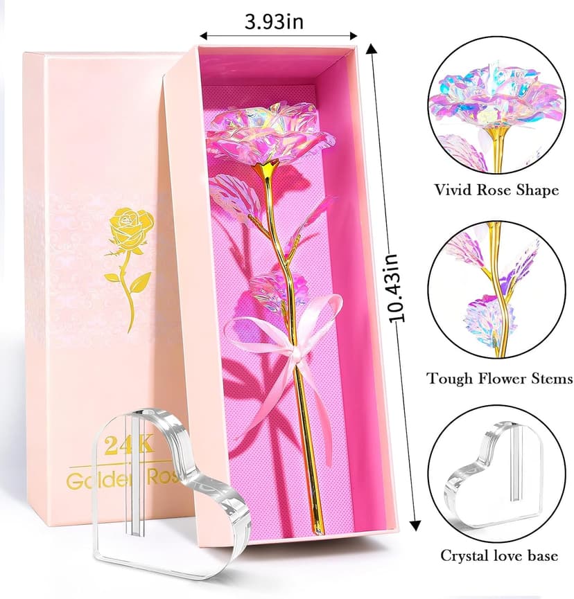 Beferr Gifts for Women Mom Galaxy Rose Glass Crystal Flowers with Heart-Shaped Base Eternal Roses Forever Flowers Mother's Birthday Gifts for Grandma Daughters Wife Sister Kids