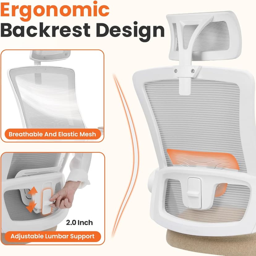 NEO CHAIR Office Desk Chair Gaming Computer High Back Support Mesh Comfy Seat with Adjustable Ergonomic Headrest Lumbar Rolling Flip-up Armrests and Wheels (Beige)
