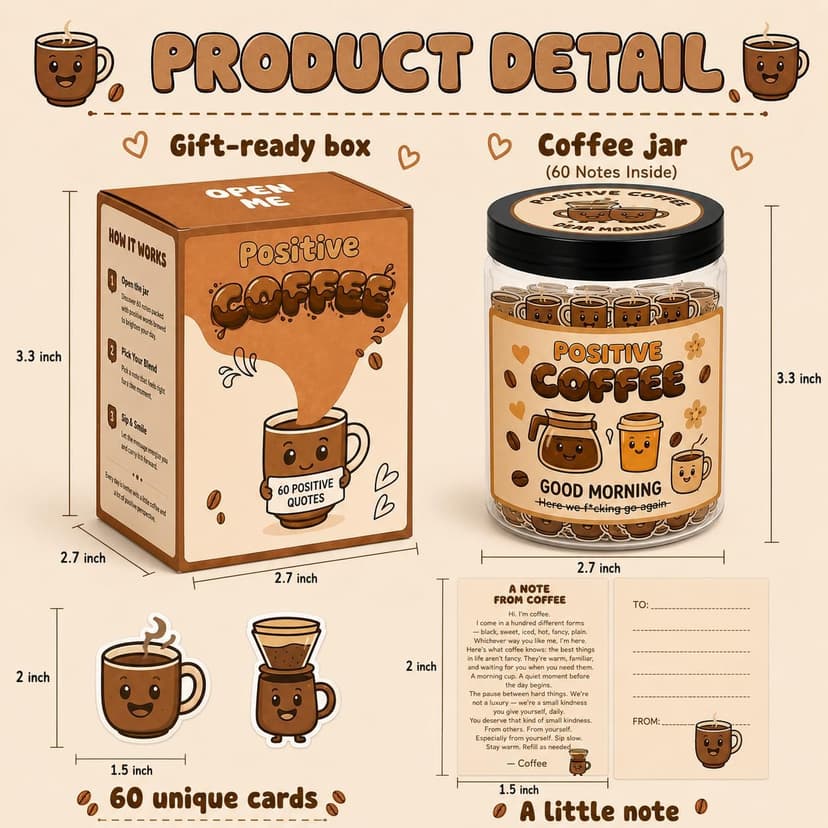 Positive Coffee Jar with 60 Affirmation Cards, Coffee Gifts For Women and Men, Dad, Mom, Coffee Themed Lover Gift, Emotional Support Latte, Cheer Up Funny Gag Gifts for Best Friends, Coworkers B0F6SGJJKC
