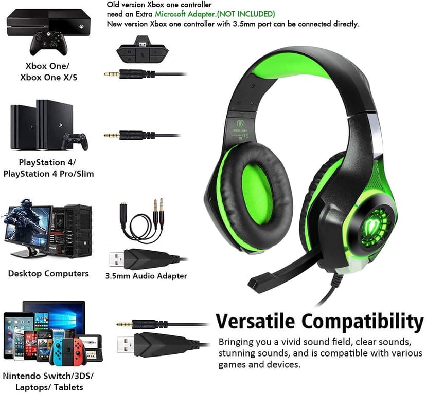 BlueFire Stereo Gaming Headset with Microphone for PS5 PS4 Xbox One Switch PC Mac – Wired Over-Ear Headphones with Surround Sound, Soft Memory Foam, Noise Canceling Mic, Light, 3.5mm Jack (Green)