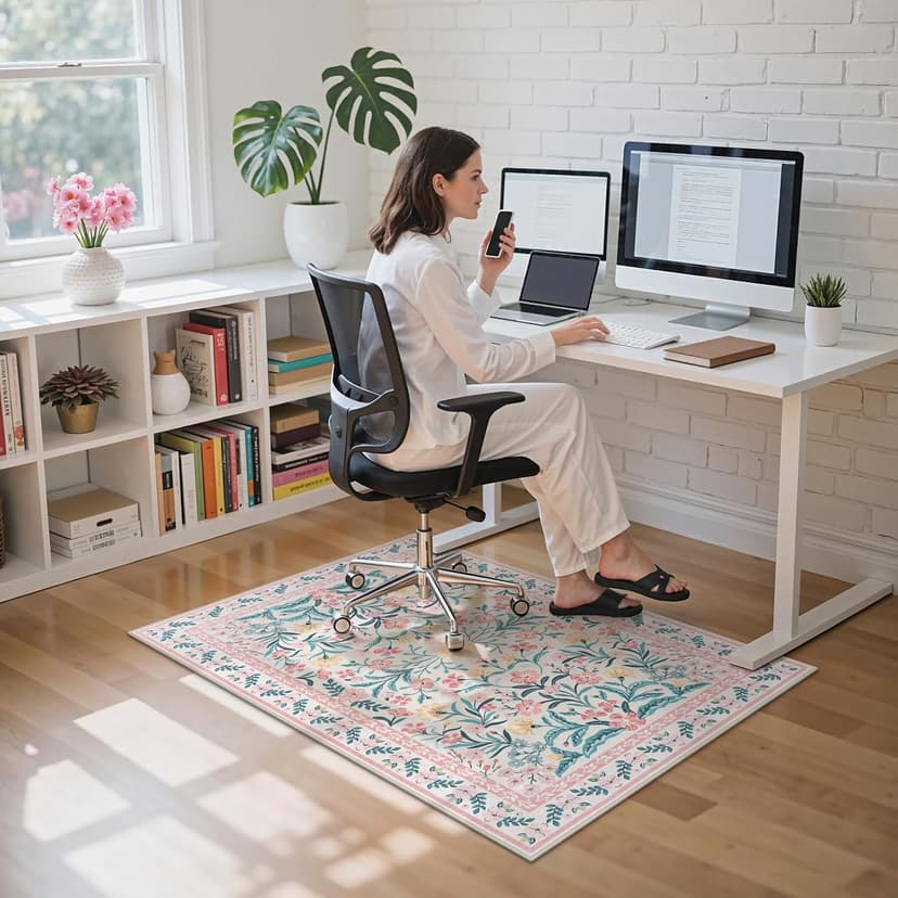 Anidaroel 36"x48" Office Chair Mat for Hardwood Floor, Boho Floral Floor Mat for Office Chair, Anti-Slip Desk Rug for Office, Low Pile Desk Chair Mats for Hardwood, Blush Pink Small Office Rug