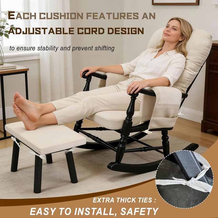 Glider Rocker Replacement Cushion Set with Storage Pockets Breathable Fine Linen Fabric & High-Resilience Foam Non-Slip Back Rocking Chair Cushion for Living Room Rocking Chair(Beige)