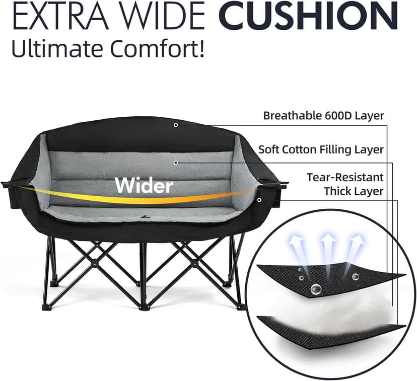 Double Camping Chair Loveseat - 2 Person Oversized Camping Couch for Adults Padded Heavy Duty Outdoor Lawn Beach Portable Folding Chairs with Cup Holders and Carry Bag Support 600lbs, Black/Grey