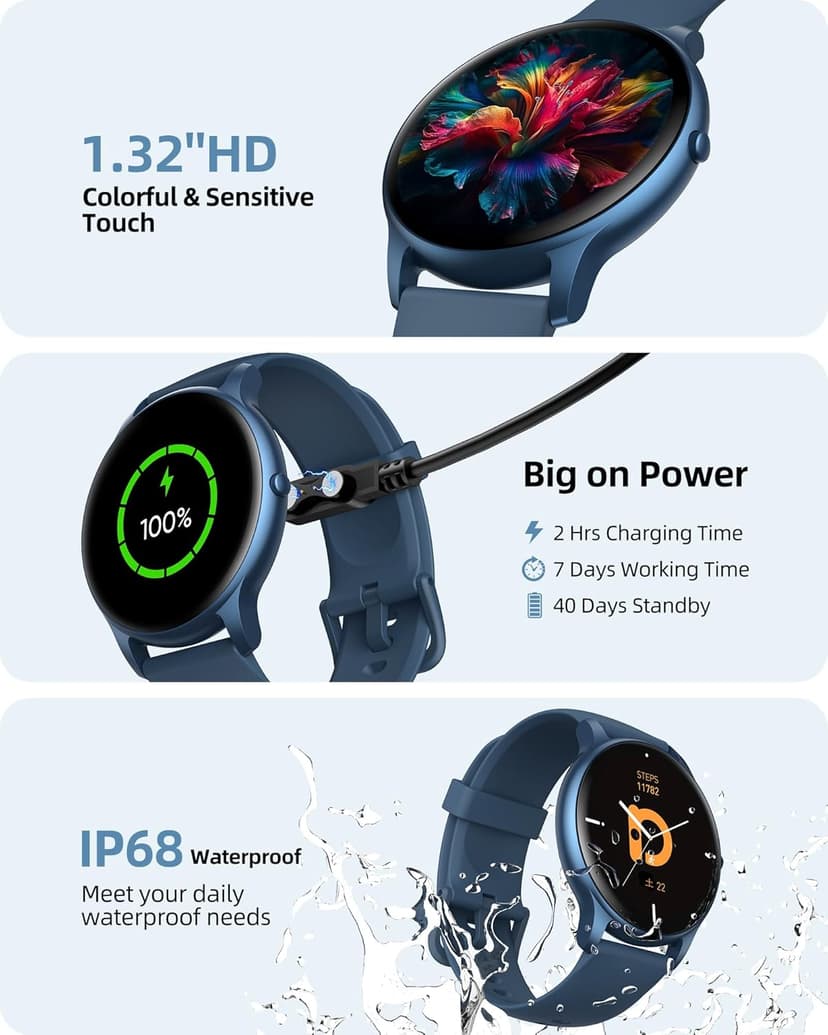 Parsonver Smart Watch for Women Men (Answer/Make Calls) Compatible with iPhone/Android Phones, Fitness Tracker with 100+ Sports Modes IP68 Waterproof, Heart Rate/Blood Oxygen/Sleep/Steps Monitor, Blue