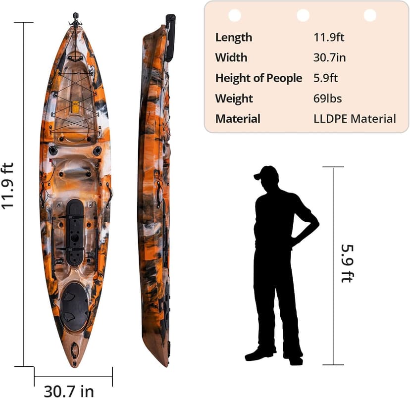 11.9 ft Fishing Kayak for Adults, Sit on Top Kayak with Paddle & Comfortable Seat, Hard Shell Recreational Ocean Fishing Boat for Lake River Sea, 661 LBS Capacity