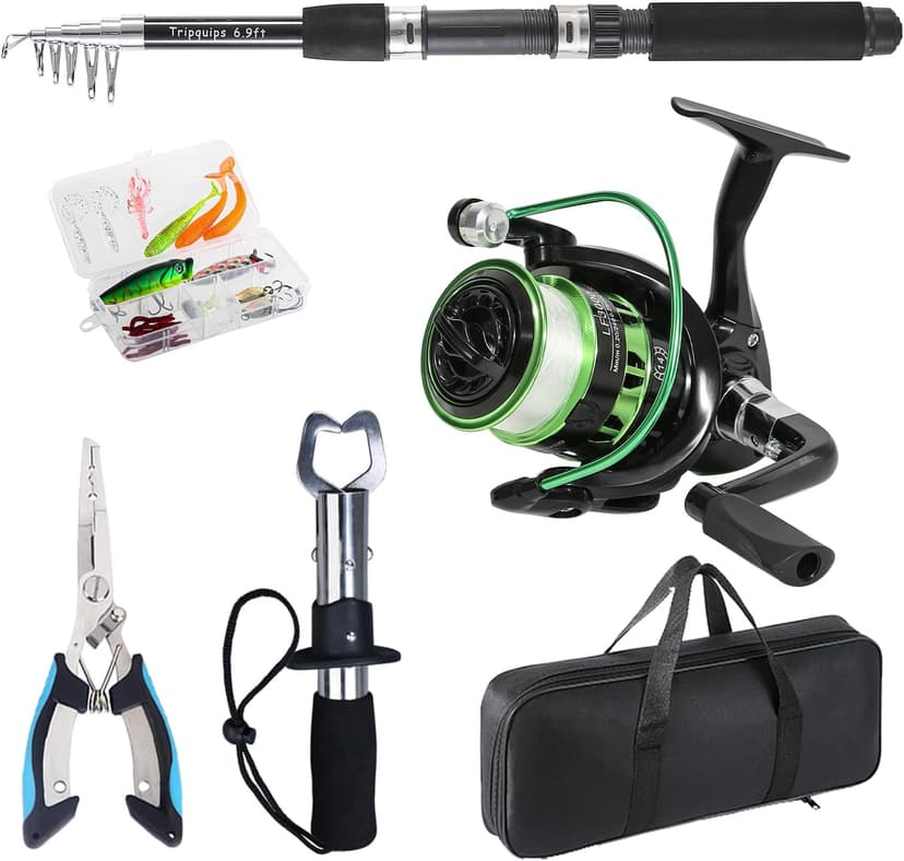 Tripquips Fishing Rod, 6.9ft Telescopic Fishing Rod and Reel Combo with Fishing Pliers and Lip Gripper Fishing Equipment, 5.2:1 Pre-Loaded Spinning Reel Combo Set Fishing Pole
