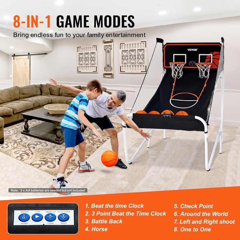 VEVOR Foldable Basketball Arcade Game, 2 Player Indoor Basketball Game, Home Dual Sport with 5 Balls, 8 Game Modes, Electronic Scoreboard, and Inflation Pump,Adults