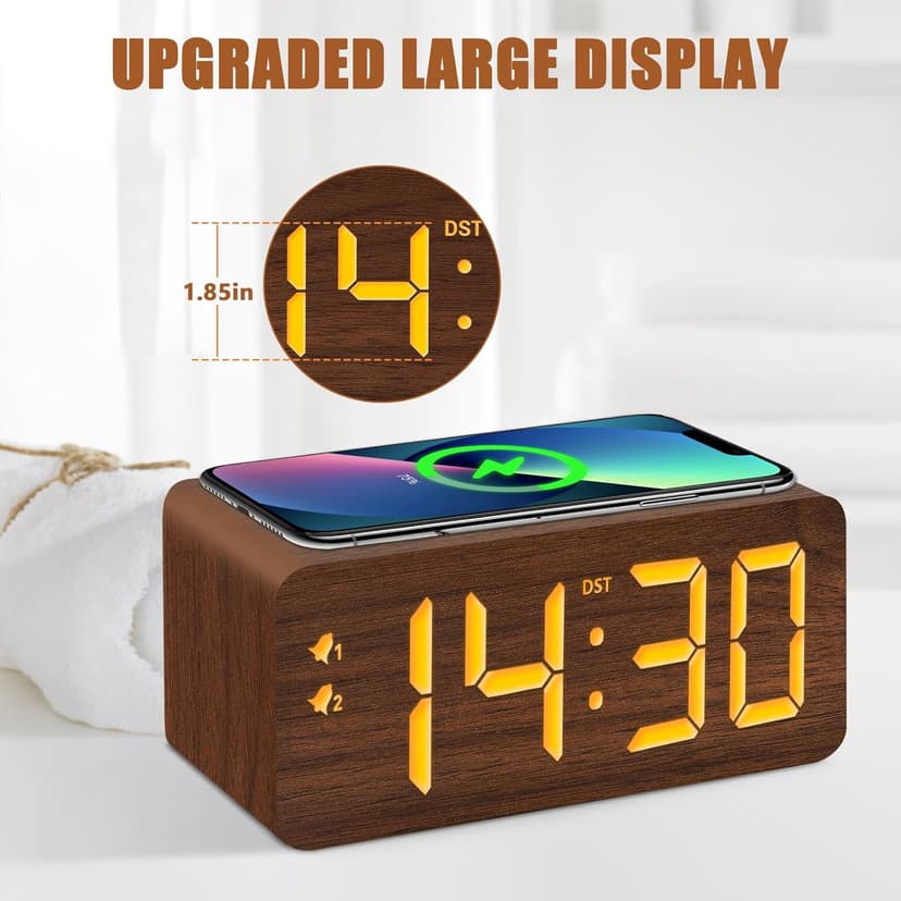URAYCO Wood Digital Alarm Clock with 10W Fast Wireless Charger, USB Charging Ports, DST, Dimmable, Snooze, Large Number LED Display for Bedrooms, Desk, Living Room Table, Bedside, Nightstand (Brown)