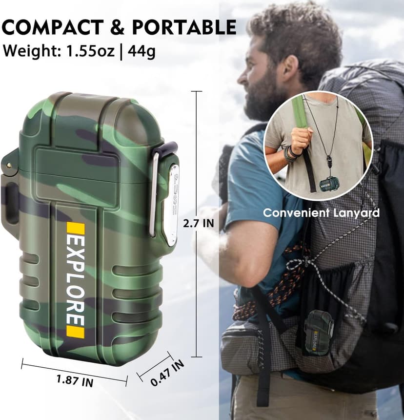 LcFun LcFun Waterproof Electric Dual Arc Lighter USB Rechargeable Outdoor Windproof Flameless Plasma Lighters for Camping, Hiking, Adventure, Survival Tactical Gear Stocking Stuffers Gifts for Men