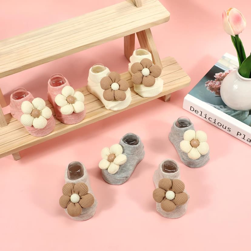 4Packs Baby Girls Socks,Flower Non-Slip Grips for Babies Toddler Princess Low Cut Ankle Socks for Girls