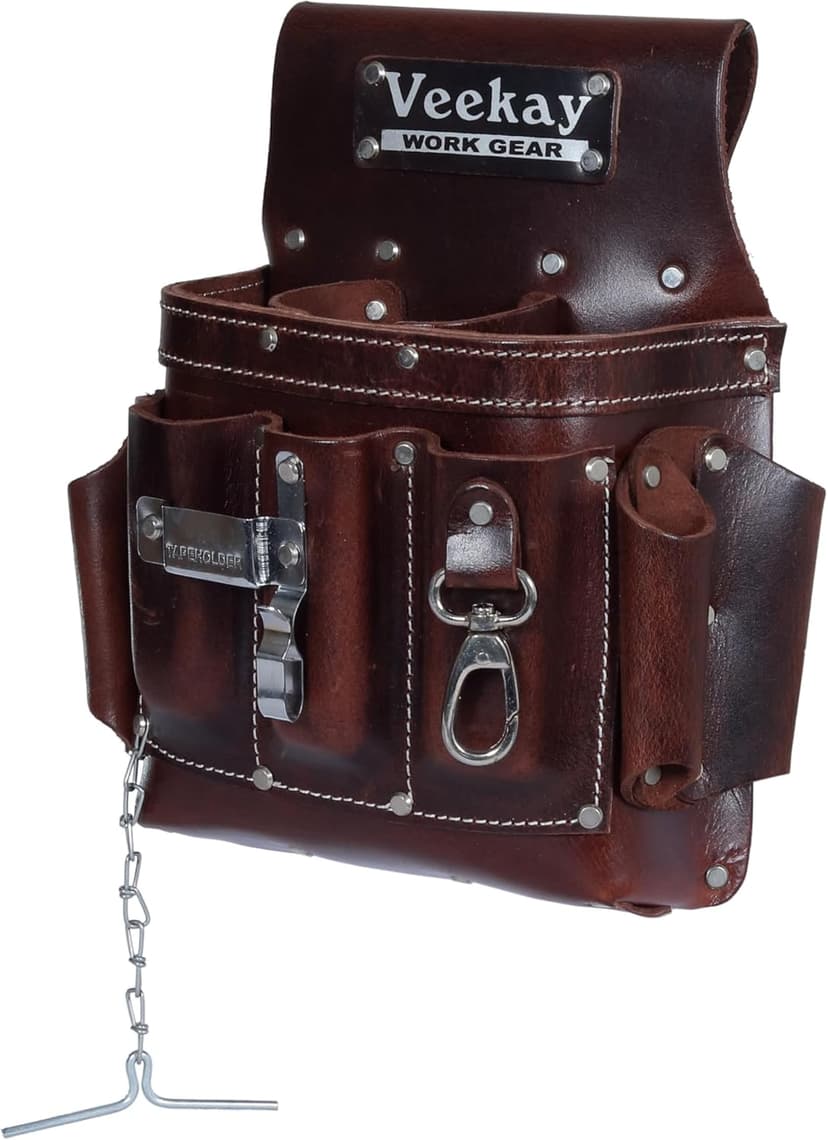 VEEKAY Electrician's Leather Tool Pouch – 10 Pocket Full Grain Leather Organizer for Electricians, Carpenters & Construction Workers – Durable, Heavy-Duty Utility Pouch (Brown/Black)