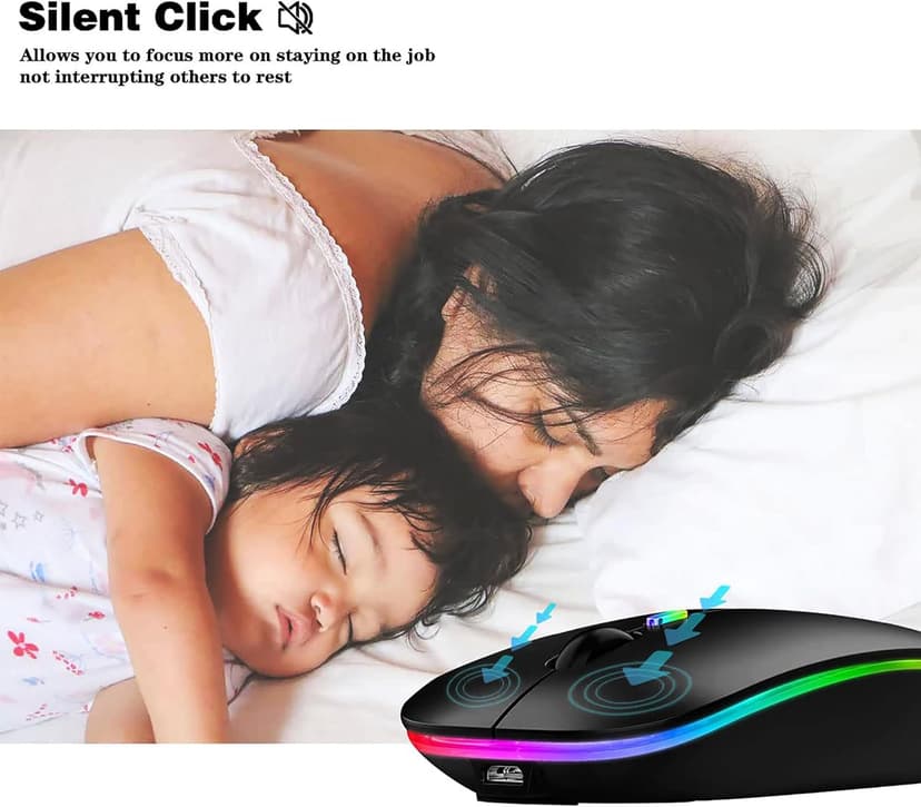 WREANU Wireless Bluetooth Mouse Rechargeable Laptop Mice with LED Lights Silent Slim Use(BT5.2 and 2.4G Portable USB) Dual Mode Computer Mouse for Laptop/iPad/Tablet/Apple/Computer/Mac (Black)