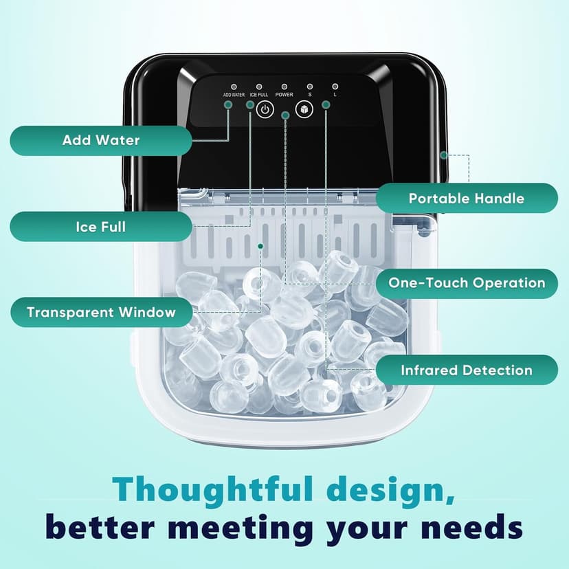 Sweetcrispy Countertop Ice Maker with Scoop, Basket and Handle, Portable Ice Machine 9 Ice Cubes Ready in 6 Mins, 26.5lbs in 24Hrs, 2 Sizes for Home Kitchen Office Bar Party