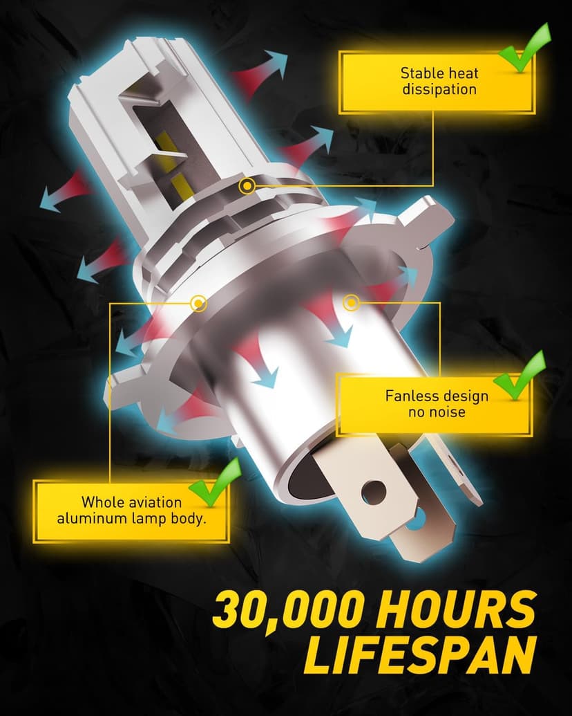 AUXITO H4 Light Bulb Hi/Low for Motorcycle, 400% Brighter, 9003 Bulb 6000K Cool White H4 Fog Light Fanless, Plug and Play, Pack of 1