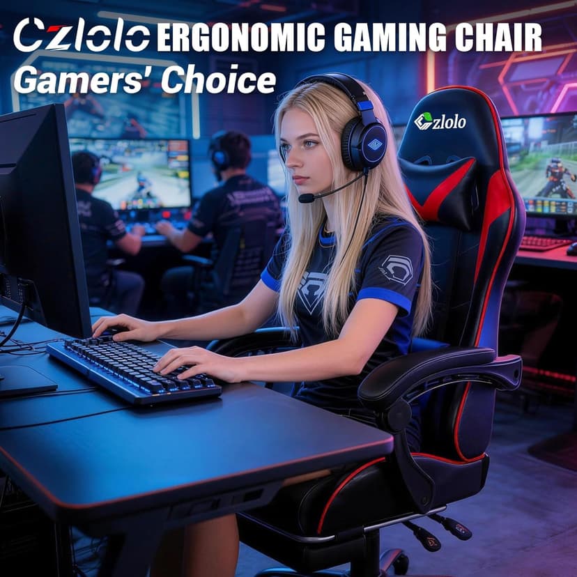 Czlolo Gaming Chair with Footrest Racing Style Lumbar Support Massager Video Game Chair with Metal Legs, High Back Reclining Gamer Chair with Headrest, 360° Swivel Office Computer Desk Chair (Red)