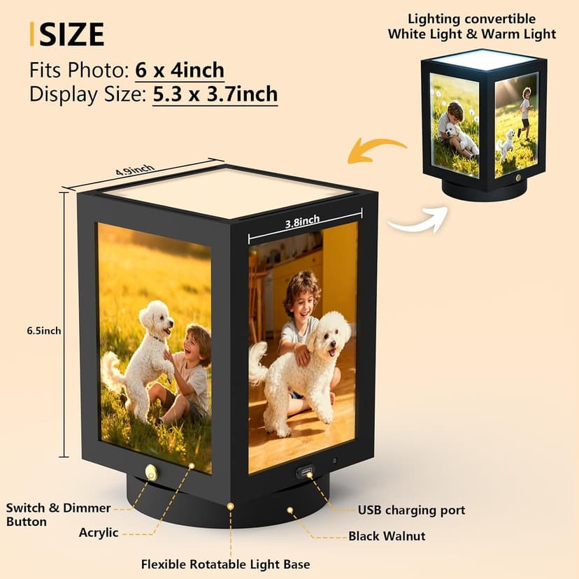 Mixoo 4x6 Picture Frame Light, Vintage Rotating Photo Frame Tabletop Lamp, Touch Desk Lamp for Bedroom Bedside, Table lamps for Office Family Retirement Anniversary Birthday Gifts (Wooden Black) B0FN7D9BXX