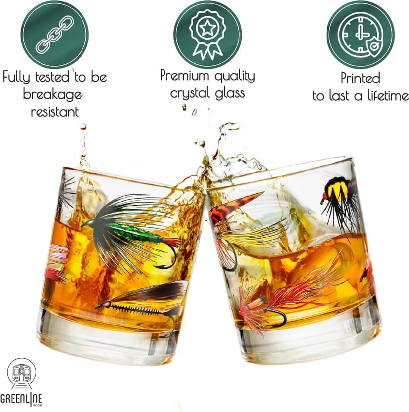 Greenline Goods – Fly Fishing Glass Set for Fisherman and Outdoorsman – Fly Lures Themed 10 oz Whiskey Drinking Glass Set of 2