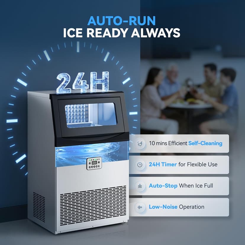 Tehanld Commercial Ice Maker Machine, 110LBS/24H with 33LBS Large Storage Capacity, 50 Ice Cubes/15 Mins, Ice Machine with Self-Cleaning & Water Filter, Under Counter & Freestanding for Home, Bar