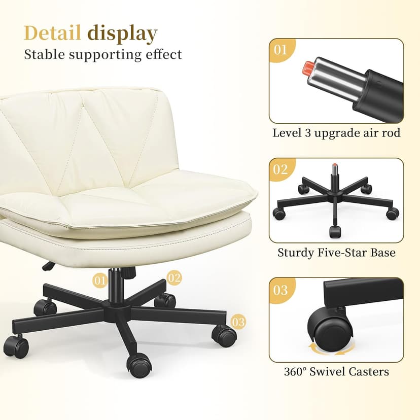 DurayLoly Criss Cross Chair with Wheels, Cross Legged Office Chair, Armless Wide Vanity Desk Chair with 2 Layer Scratch-Resistant Pu Leather Swivel for Home Office Bedroom,Beige